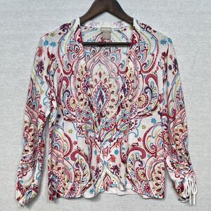 Chico's Open Cardigan Women 1 (US M/8) Multicolor Print Ruched 3/4 Sleeve D11‎